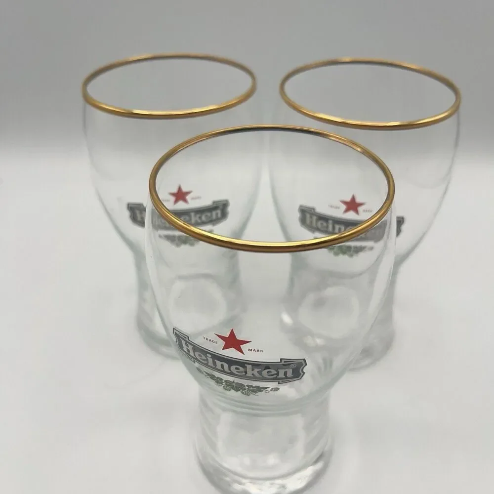3 Heineken 300 ml Gold Rim Tulip Beer Glasses Holland Netherlands